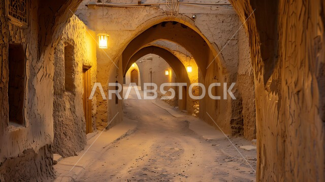 الدرعية العاصمة الأولى للسعودية، إبراز التراث التاريخي والثقافي الغني للمملكة العربية، الأزقة القديمة والمباني الطينية في وقت الليل، الأسقف المقوسة والجدران المزينة بالنقوش التقليدية، الفن المعماري القديم في المناطق التاريخية السياحية الوطنية