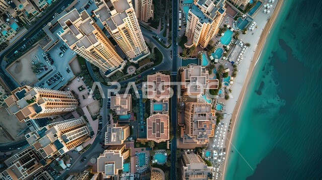 Waterfront in Dubai Marina, advanced architecture for commercial and residential facilities, towers and skyscrapers in the United Arab Emirates, image of famous tourist attractions, future vision 2030