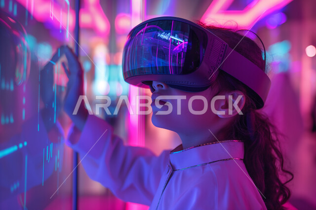 Integration with virtual reality, use of modern devices and technology, a close-up image of a Saudi Gulf Arab girl wearing 3D VR virtual reality glasses, raising her hand and trying to touch, have fun and be entertained by simulating the imaginary world.