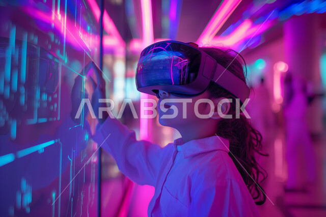 استخدام الأجهزة الحديثة والتكنولوجيا، صورة مقربة لطفلة عربية خليجية سعودية  ترتدي نظارات الواقع الافتراضي  في آر ثلاثية الأبعاد ترفع يدها وتحاول لمس شاشة مضيئة،  المتعة والتسلية بمحاكاة العالم الخيالي، الاندماج  مع الواقع الافتراضي.