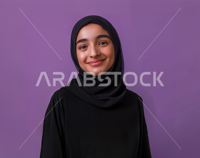 ابتسامة امرأة عربية خليجية سعودية تظهر الفرح،  بوتريهالاهتمام بالمظهر الخارجي،  بورتريه مقرب لفتاة محجبة ترتدي عباءة باللون الأسود، تنظر الى الكاميرا، ايماءات الثقة بالنفس، أزياء محجبات عصرية راقية، خلفية بنفسجية.