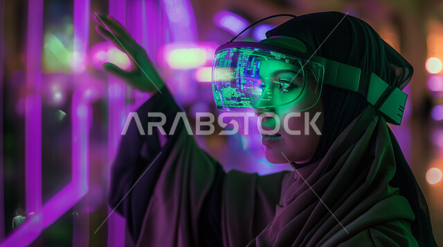 التمعن والاندماج ومحاكاة العالم الخيالي, صورة مقربة لامرأه عربيه سعوديه خليجيه محجبة ترتدي نظارة الواقع الإفتراضي، مفهوم التسليه والترفيه, قضاء وقت ممتع, تطور التقنيه والتكنولوجيا، محاولة رفع يدها للمس شيء.