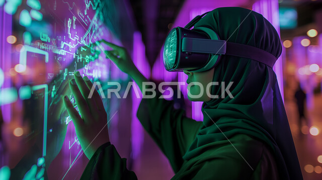 التقدم التقني والتحول الرقمي، استخدام التقنيات الحديثة والمطورة، إيماءات الاندماج والتركيز في الواقع الافتراضي, صورة مقربة لامرأة عربية خليجية سعودية محجبة ترتدي العباءة تضع نظارات الفي ار ، ترفع يديها تقوم بلمس شاشة.