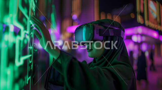 Integration and simulation of the imaginary world, a close-up image of a veiled Saudi Arabian Gulf woman wearing virtual reality glasses, the concept of fun and entertainment, spending a good time, the development of technology and technology, trying to touch something.