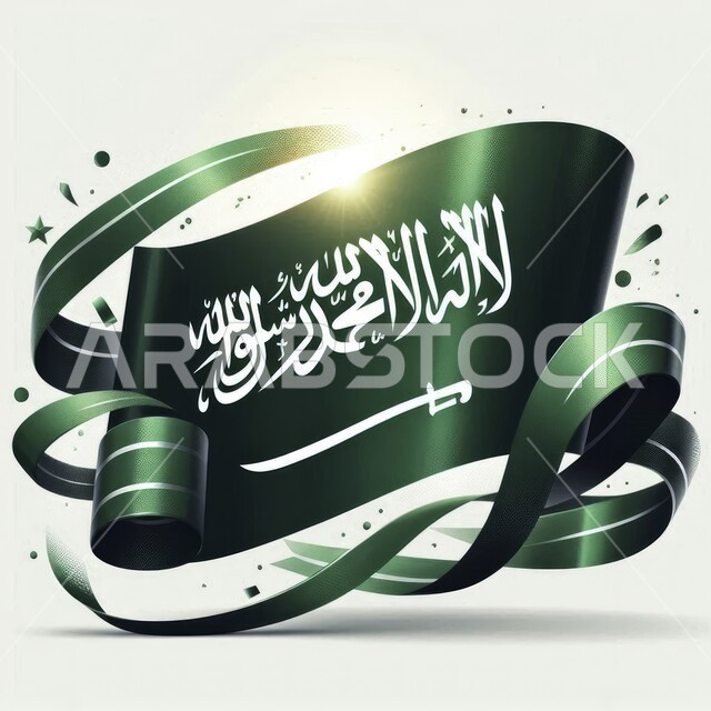 Celebrating the anniversary of National Day on September 23, the banner of monotheism and the sword of power, raising the green flag of the Kingdom of Saudi Arabia on March 11, national events and holidays, the concept of love for the homeland and belonging to it, a white background