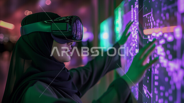 قضاء وقت ممتع، الاندماج ومحاكاة العالم الخيالي, صورة مقربة لامرأه عربيه سعوديه خليجيه محجبة ترتدي نظارة الواقع الإفتراضي  وتحاول اللمس، مفهوم التسليه والترفيه,  تطور التقنيه والتكنولوجيا.