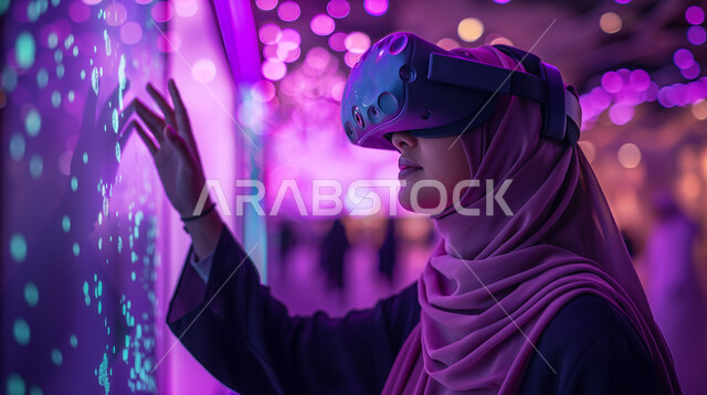 ايماءات الاندماج والتركيز في الواقع الافتراضي،  استخدام التقنيات الحديثة والمطورة، التقدم التقني والتحول الرقمي, صورة مقربة لامرأة عربية خليجية سعودية محجبة ترتدي العباءة تضع نظارات الفي ار تقوم بلمس شاشة.