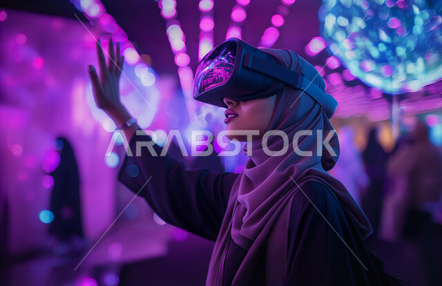 Integration and interaction with virtual reality, fun and entertainment by simulating the imaginary world, use of modern and advanced devices and technology, a close-up image of a veiled Saudi Arabian Gulf woman wearing 3D VR glasses, raising her hand and trying to touch something.
