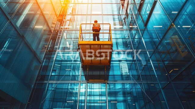 New designs and decorations for modern facilities in the Kingdom of Saudi Arabia, a Saudi Gulf Arab engineer standing on the roof of a crane machine installing glass in multi-storey buildings, architectural engineering art for towers and skyscrapers