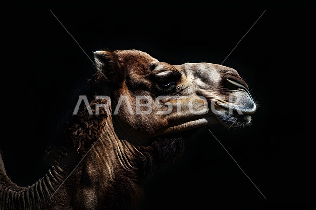  العناية بالثدييات ووضعها ضمن محميات طبيعية, الاهتمام بتربية الإبل في المملكة العربية السعودية, بورتريه مقرب بخلفية سوداء لجمل عربي أصيل,توارث حب النوق من الأجداد, ارتباط رعاية الجمال بمفهوم الأصالة والعراقة