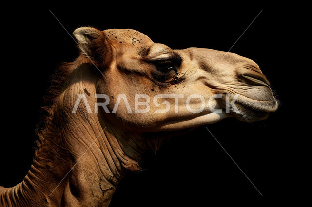 ارتباط رعاية الجمال بمفهوم الأصالة والعراقة, الاهتمام بتربية الإبل في المملكة العربية السعودية, بورتريه مقرب بخلفية سوداء لجمل عربي أصيل, العناية بالثدييات ووضعها ضمن محميات طبيعية,  توارث حب النوق من الأجداد