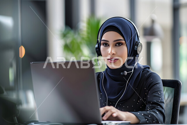  إنجاز مهام وأعمال الشركة, دمج العمل مع التقنية والتكنولوجيا, مهن ووظائف مكتبية نسائية, مفهوم خدمة العملاء،  الإجابة على الأسئلة والاستفسارات, قسم الاستعلامات والاتصال، امرأة عربية خليجية سعودية محجبة ترتدي سماعات الرأس وتعمل على الحاسوب المحمول في المكتب
