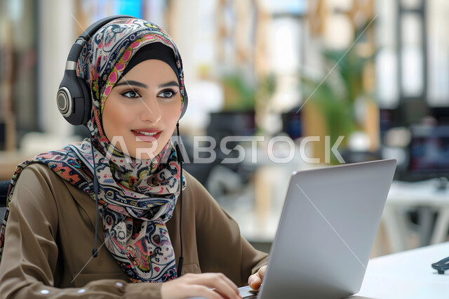   إدارة وتنظيم أعمال الشركة, دمج العمل مع التقنية والتكنولوجيا, مهن ووظائف مكتبية نسائية, مفهوم خدمة العملاء،  الإجابة على الأسئلة والاستفسارات, قسم الاستعلامات والاتصال، امرأة عربية خليجية سعودية محجبة ترتدي سماعات الرأس وتعمل على الحاسوب المحمول في المكتب