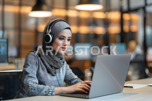 Professions and office jobs for women, the concept of customer service, answering questions and inquiries, the information and communication department, a veiled Saudi Gulf Arab woman wearing headphones and working on the laptop in the office, integrating work with technology and technology, managing and organizing the company’s business