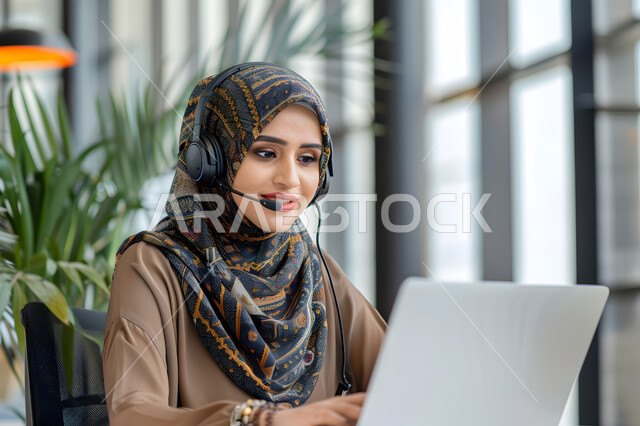 The concept of customer service, answering questions and inquiries, information and communication department, a veiled Saudi Arabian Gulf woman wearing headphones and working on a laptop in the office, female office professions and jobs, integrating work with technology and technology, managing and organizing the company’s business