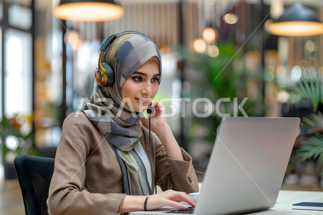 قسم الاستعلامات والاتصال، الإجابة على الأسئلة والاستفسارات, مفهوم خدمة العملاء، امرأة عربية خليجية سعودية محجبة ترتدي سماعات الرأس وتعمل على الحاسوب المحمول في المكتب, مهن ووظائف مكتبية نسائية, دمج العمل مع التقنية والتكنولوجيا, إدارة وتنظيم أعمال الشركة
