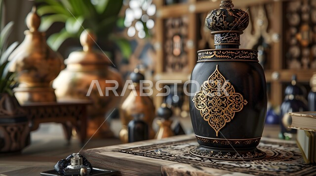 عبوة من العطور العربية الفخمة الفاخرة المزخرفة، التطيب والتعطر بالزيوت الطبيعيه والمسك, تولة زجاجية من زيت المسك السعودي الأصلي، عرض المنتجات المحلية الوطنية السعودية