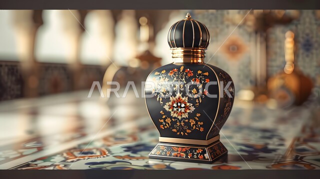 التطيب والتعطر بالزيوت الطبيعيه والمسك, علبة من العطور العربية الفخمة الفاخرة المزخرفة، تولة زجاجية من زيت المسك السعودي الأصلي، عرض المنتجات المحلية الوطنية السعودية