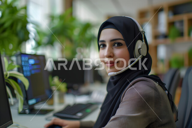 Accomplishing tasks and managing the company’s business, integrating work with technology and technology, female office professions and jobs, customer service concept, answering questions and inquiries, information and communication department, a veiled Saudi Arabian Gulf woman wearing headphones and looking at the camera with pleased gestures