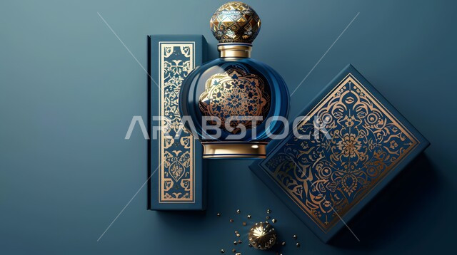 التطيب والتعطر بالزيوت الطبيعيه والمسك، عبوة من العطور العربية الفخمة الفاخرة المزخرفة، تولة زجاجية من زيت المسك السعودي الأصلي، عرض المنتجات المحلية الوطنية السعودية، خلفية زرقاء