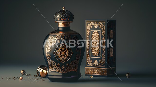التعطر والتطيب بالزيوت الطبيعيه والمسك، عبوة من العطور العربية الفخمة الفاخرة المزخرفة، تولة زجاجية من زيت المسك السعودي الأصلي، عرض المنتجات المحلية الوطنية السعودية، خلفية سوداء