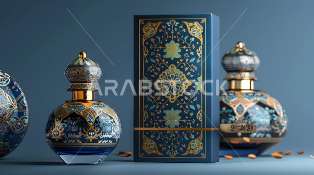عبوة من العطور العربية الفخمة الفاخرة المزخرفة، تولة زجاجية من زيت المسك السعودي الأصلي، عرض المنتجات المحلية الوطنية السعودية، التطيب والتعطر بالزيوت الطبيعيه والمسك، خلفية زرقاء