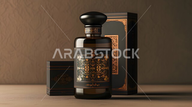 علبة من العطور العربية الفخمة الفاخرة المزخرفة، تولة زجاجية من زيت المسك السعودي الأصلي، عرض المنتجات المحلية الوطنية السعودية، التطيب والتعطر بالزيوت الطبيعيه والمسك، خلفية بنية