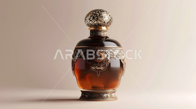 عرض المنتجات المحلية الوطنية السعودية، تولة زجاجية من زيت المسك السعودي الأصلي، علبة من العطور العربية الفخمة الفاخرة المزخرفة، التطيب والتعطر بالزيوت الطبيعيه والمسك، خلفية بيج
