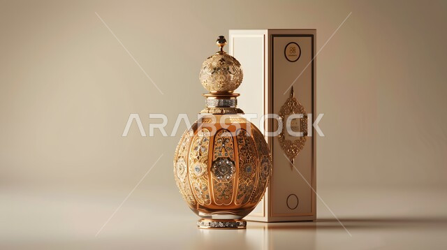 المنتجات المحلية الوطنية السعودية، تولة زجاجية من زيت المسك السعودي الأصلي، علبة من العطور العربية الفخمة الفاخرة المزخرفة، التطيب والتعطر بالزيوت الطبيعيه والمسك، خلفية بيج