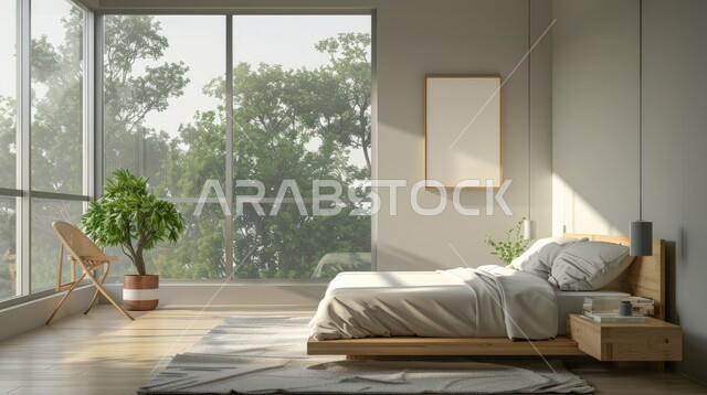 واجهة زجاجية كبيرة مطلة على الطبيعة، سرير كبير ومريح بتصميم حديث، غرفة نوم بتصاميم عصرية فاخرة، أثاث منزلي راقي، ديكورات منزلية داخلية، شقق وفلل سكنية في المملكة العربية السعودية، فنادق ومنتجعات فاخرة