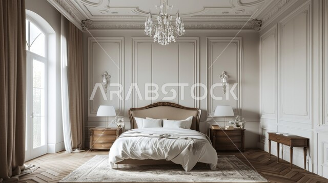 Large windows and facades, interior home designs, luxuriously decorated bedroom, large, comfortable bed in a modern design, modern antiques and accessories, luxury resorts and hotels, villas and residential apartments in the Kingdom of Saudi Arabia, upscale home furniture