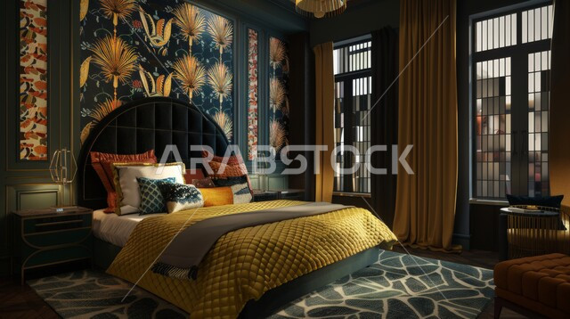 تصاميم منزلية داخلية، غرفة نوم بديكورات فاخرة، سرير كبير ومريح بتصميم حديث، تحف واكسسوارات عصرية، منتجعات وفنادق فاخرة، فلل وشقق سكنية في المملكة العربية السعودية، أثاث منزلي راقي، الواجهات والنوافذ الكبيرة
