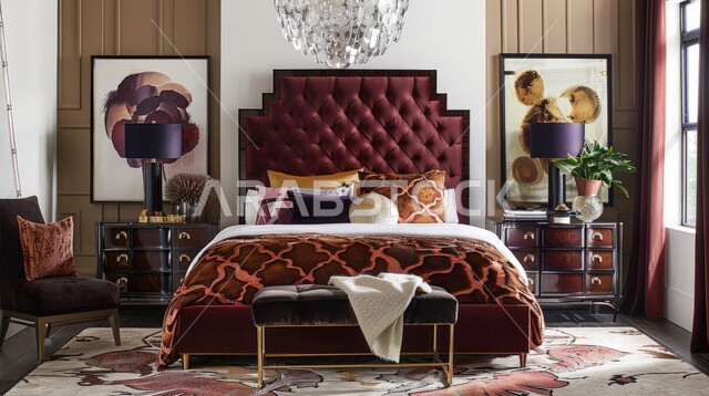 غرفة نوم بديكورات فاخرة، سرير كبير ومريح بتصميم حديث، تحف واكسسوارات عصرية، منتجعات وفنادق فاخرة، فلل وشقق سكنية في المملكة العربية السعودية، تصاميم منزلية داخلية، أثاث منزلي راقي، الواجهات والنوافذ الكبيرة
