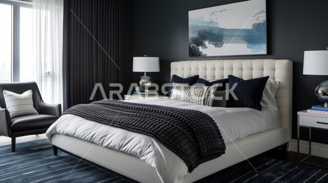 سرير كبير ومريح بتصميم حديث، تحف واكسسوارات عصرية، منتجعات وفنادق فاخرة، فلل وشقق سكنية في المملكة العربية السعودية، تصاميم منزلية داخلية، أثاث منزلي راقي، غرفة نوم بديكورات فاخرة، الواجهات والنوافذ الكبيرة