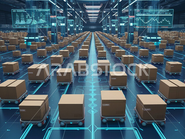 التسوق والطلبات عبر الإنترنت، توفير البضائع للزبائن, مستودعات آلية توفر خدمة التوصيل للعملاء، عملية شحن وتوصيل موثوقة، استخدام التقنيات الحديثة في مهام العمل، روبوتات ذكية تقوم بعملية نقل الصناديق، رؤية مستقبلية سعودية 2030 