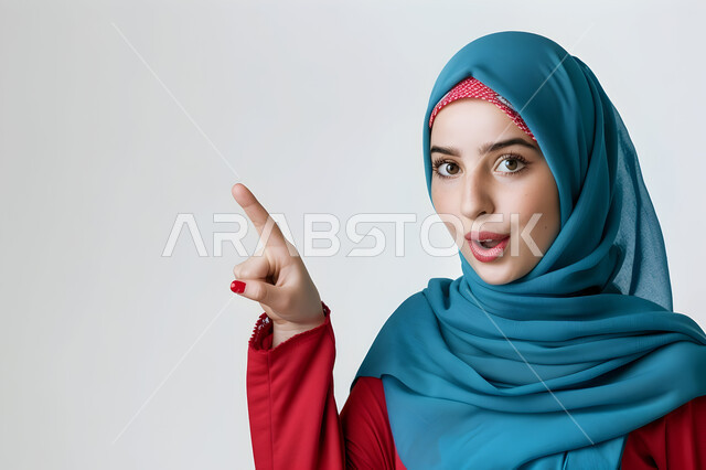 تعابير وجه تدل على الاندهاش والمفاجأة، بورتريه لامرأة عربية خليجية سعودية محجبة تشير باصبع السبابة نحو شيء ما، حركة اصبع واشارات، الاهتمام بالأنوثة والمظهر الخارجي, خلفية رمادية