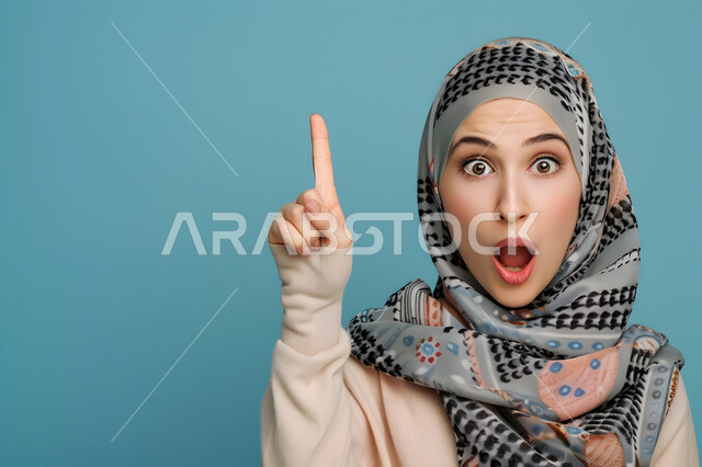 لغة الاشارة والجسد، مفهوم الأنوثة العربية، الأناقة والاهتمام المظهر الخارجي, تعابير وجه تدل على الاندهاش والمفاجأة، بورتريه لامرأة عربية خليجية سعودية محجبة تشير باصبع السبابة نحو شيء ما، حركة اصبع واشارات، خلفية زرقاء