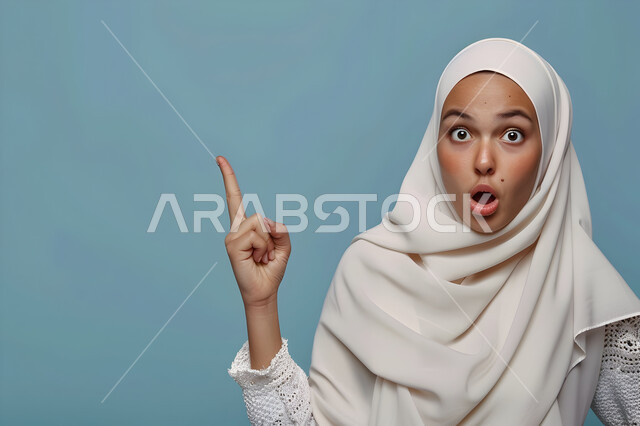 الأناقة والاهتمام المظهر الخارجي, تعابير وجه تدل على الاندهاش والمفاجأة، بورتريه لامرأة عربية خليجية سعودية محجبة تشير باصبع السبابة نحو شيء ما، حركة اصبع واشارات، خلفية رمادية