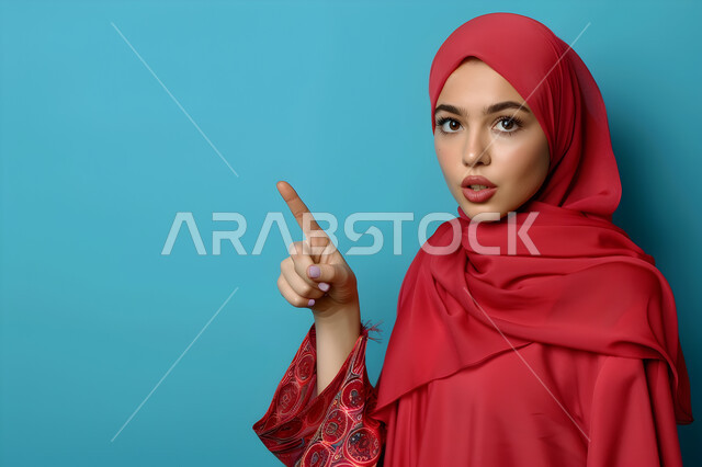 مفهوم الأنوثة العربية، لغة الاشارة والجسد، الأناقة والاهتمام المظهر الخارجي, تعابير وجه تدل على الاندهاش والمفاجأة، بورتريه لامرأة عربية خليجية سعودية محجبة تشير باصبع السبابة نحو شيء ما، حركة اصبع واشارات، خلفية زرقاء
