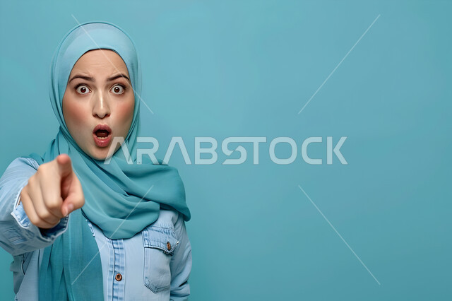 لغة الاشارة والجسد, الأناقة والاهتمام المظهر الخارجي, تعابير وجه تدل على الاندهاش والمفاجأة، بورتريه لامرأة عربية خليجية سعودية محجبة ترتدي الزي الكاجوال تشير باصبع السبابة نحو الكاميرا، حركة اصبع واشارات، خلفية زرقاء
