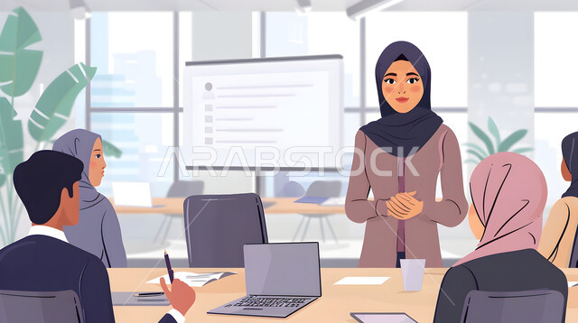 إجتماع وورش عمل، دورات تدريبية للتحسين من واقع الشركة, رسوم توضيحية لمجموعة من الموظفين في قاعة الإجتماعات, امرأة عربية خليجية سعودية محجبة تقوم بإلقاء المحاضرة وشرح النقاط المهمة, استخدام التكنولوجيا الحديثة في المجال المكتبي
