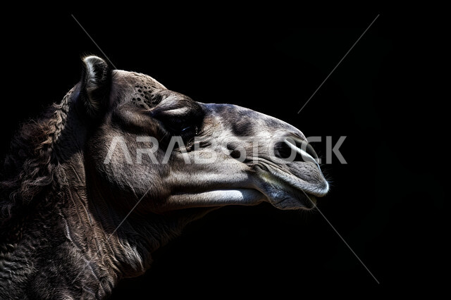  ارتباط رعاية الجمال بمفهوم الأصالة والعراقة, الاهتمام بتربية الإبل في المملكة العربية السعودية, بورتريه مقرب بخلفية سوداء لجمل عربي أصيل, العناية بالثدييات ووضعها ضمن محميات طبيعية,  توارث حب النوق من الأجداد