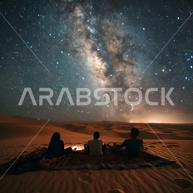 View of the Milky Way in the sky and bright stars at night, camping and road trips, a picture from the back of a group of people sitting on the soft golden sand in the Saudi desert nature, a traditional Arab desert outing with friends