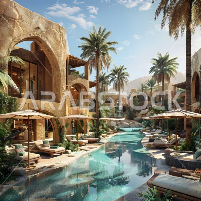 تصاميم عصرية مميزة لحوض السباحة، الاهتمام في زراعه الأشجار والنباتات الخضراء في حديقة مجمع سكني فاخر، الفن الهندسي المعماري على الطراز القديم للشقق و الفلل السكنية، منتجعات سياحية متميزة