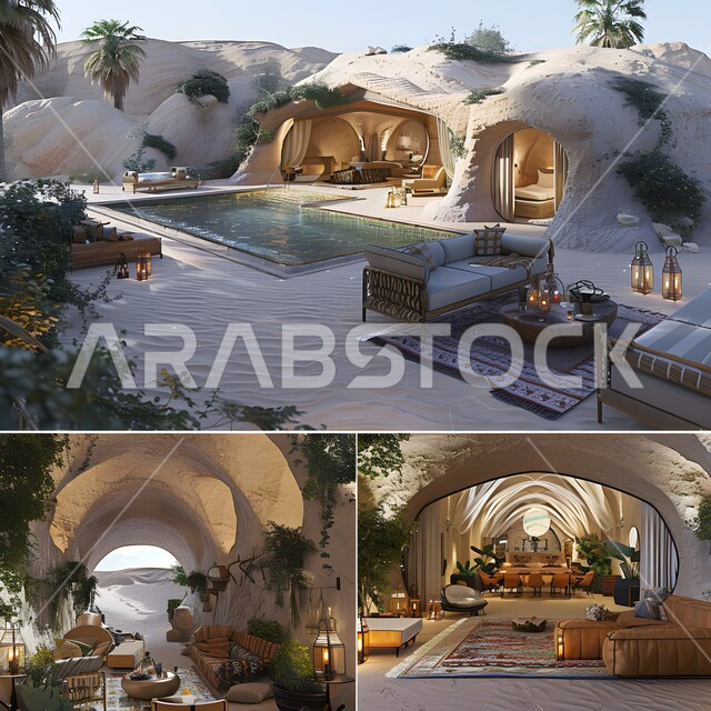 منتجعات سياحية متميزة، تصاميم عصرية مميزة لحوض السباحة، الاهتمام في زراعه الأشجار والنباتات الخضراء في حديقة منزل على شكل كهف، الفن الهندسي المعماري على الطراز الحديث للشقق و الفلل السكنية