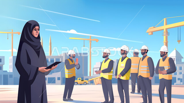 إدارة المشاريع من موقع العمل بشكل مباشر، تطور ونمو القطاع الهندسي في المملكة، مهندسة عربية خليجية سعودية محجبة ترتدي العباءة السوداء تقوم بالإشراف على سير الأعمال, مهن ووظائف هندسية سعودية نسائية, مشاريع وخطط إنشائية معمارية حديثة