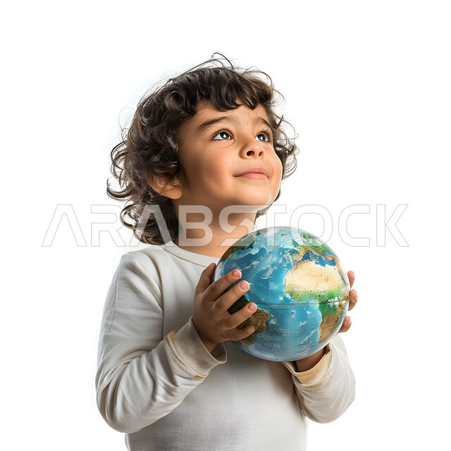 الشغف وتأمل السماء بإيماءات السرور, بورتريه لولد لطيف عربي خليجي سعودي يرتدي الزي الكاجوال يمسك بيده مجسم للكرة الأرضية, حب الجغرافيا والاستكشاف والمغامرات, خلفية بيضاء