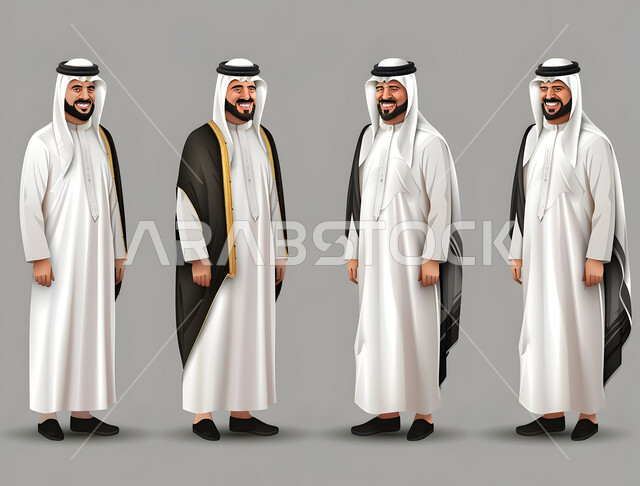 مفهوم الرجولة العربية, ارتداء الأزياء الشعبية, عرض للأثواب العربية الخليجية التقليدية, رجل عربي خليجي سعودي يلبس الثوب التقليدي الأبيض وفوقه البشت والغترة على رأسه, توارث العادات الأصيلة من الأجداد