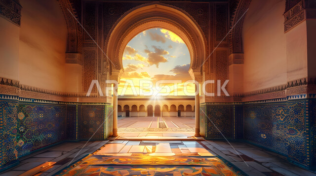 التصاميم الهندسية الداخلية للمساجد على الطراز الإسلامي, منظر السماء المليئة بالغيوم اثناء غروب الشمس، المعالم والأماكن الدينيه الإسلاميه في المملكه العربيه السعوديه, العباده والتقرب إلى الله, الفن الهندسي المعماري لدور العبادة