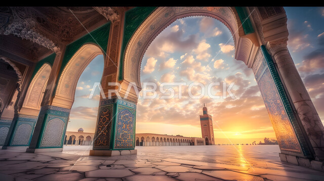 منظر السماء المليئة بالغيوم اثناء غروب الشمس، الديكورات والتصاميم الهندسية الداخلية للمساجد على الطراز الإسلامي, المعالم والأماكن الدينيه الإسلاميه في المملكه العربيه السعوديه, العباده والتقرب إلى الله, الفن الهندسي المعماري لدور العبادة